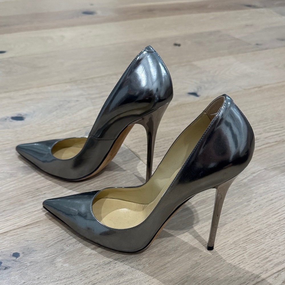 Jimmy Choo Metallic Gunmetal Pointed Toe Stiletto Pumps
